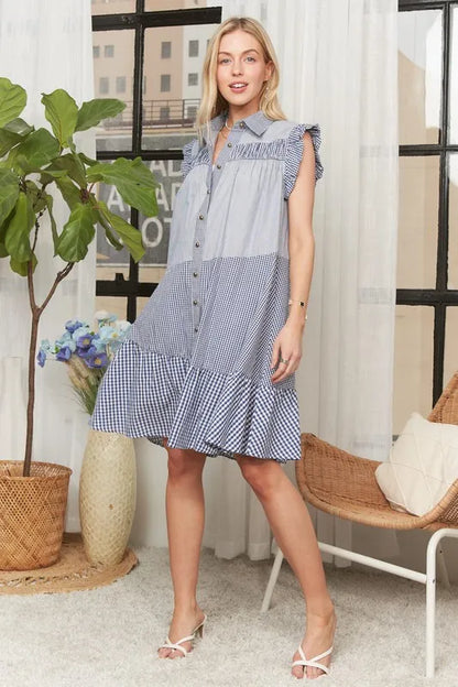 Button Down Textured Babydoll Dress in Blue - product view 14