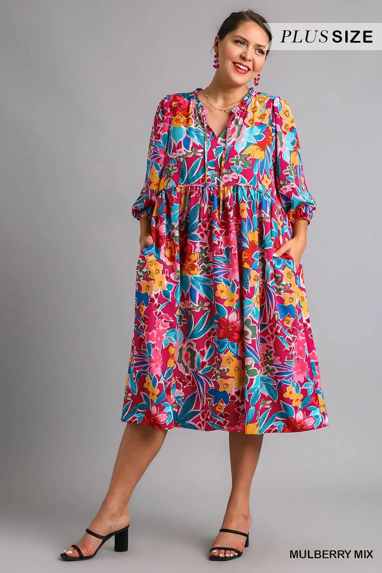 Full Size Floral Print Tie Neck Midi Dress with Pockets Plus Size in Mulberry Mix - product view 6