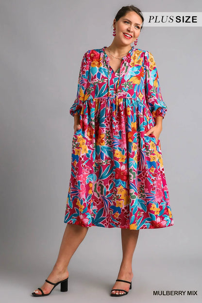 Full Size Floral Print Tie Neck Midi Dress with Pockets Plus Size in Mulberry Mix - product view 6