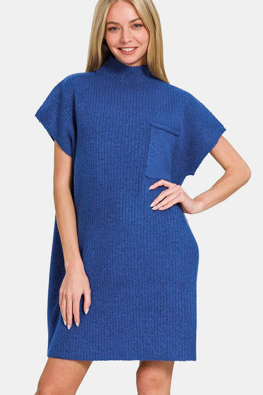 Short Sleeve Sweater Mini Dress - Navy - product view 1