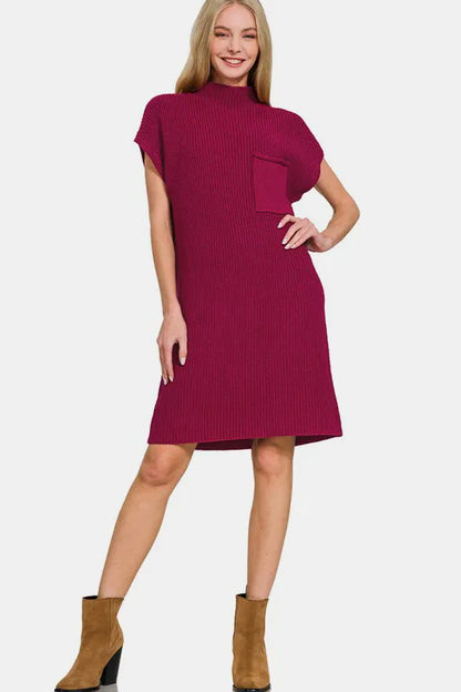 Mock Neck Short Sleeve Sweater Dress - Cabernet - product view 3