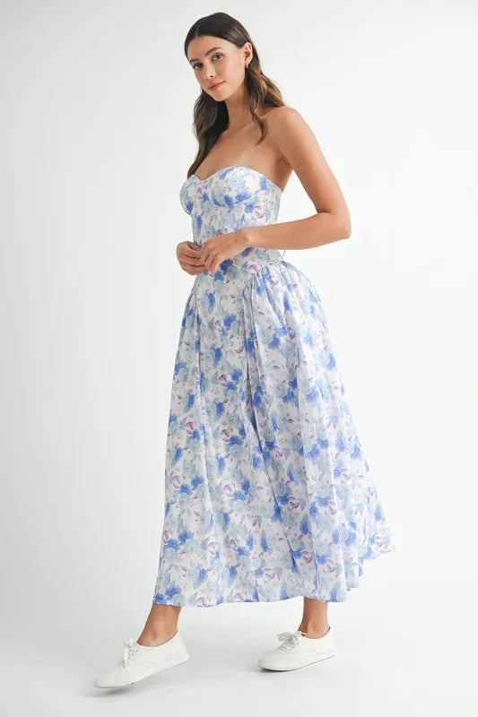 Sweetheart Neckline Floral Printed Midi Dress in Blue - product view 4