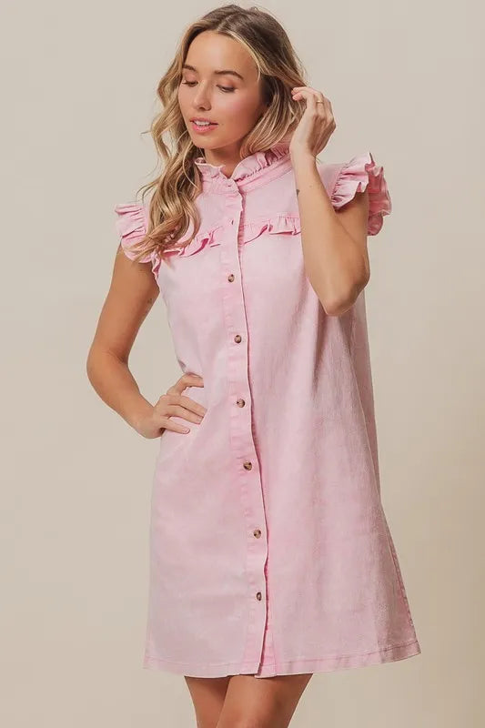Washed Button Down Ruffled Cap Sleeve Denim Dress in Blush Pink - product view 3