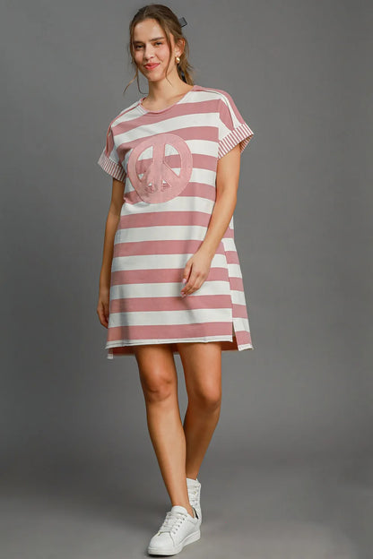 Peace Applique Striped Short Sleeve Mini Dress - Dusty Pink - product view 1