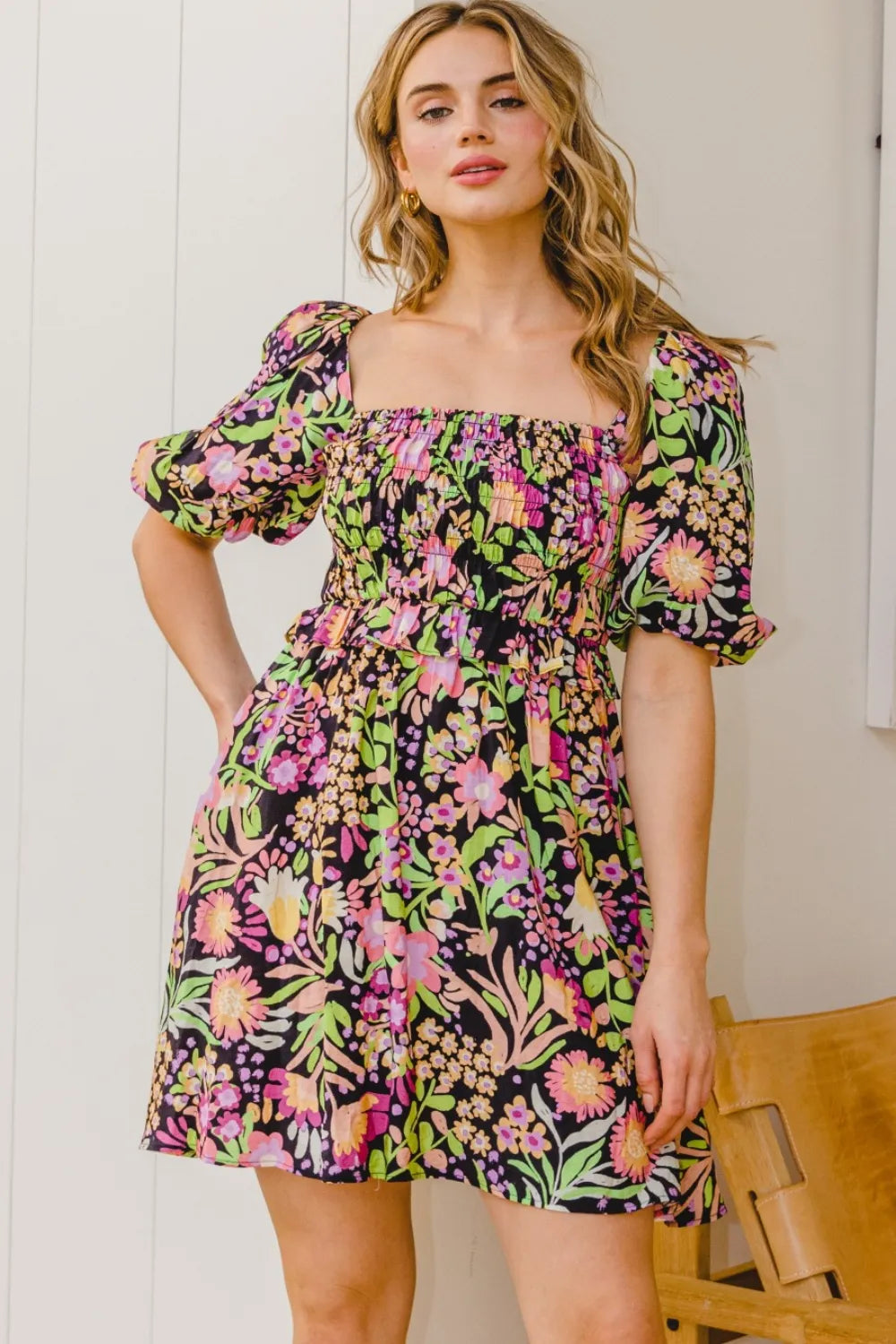 Full Size Floral Tie-Back Mini Dress in Black Multi - product view 1