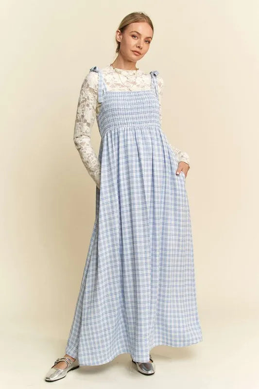 Plaid Smocking Sleeveless Maxi Dress in Blue - product view 1