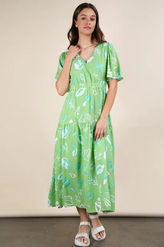 Printed V-Neck Resort Midi Dress in Sage - product view 2