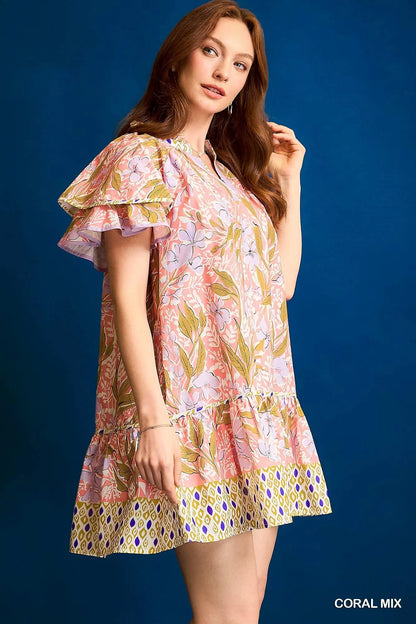 Floral Ruffle-Sleeve Tunic Dress in Coral Mix - product view 2