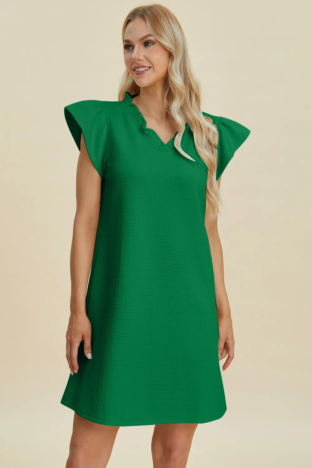 Full Size Ruffled V-Neck Cap Sleeve Dress in Dark Green, Black and more - product view 4
