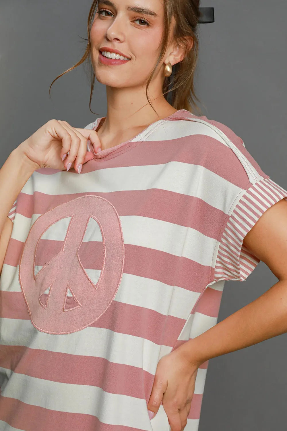 Peace Applique Striped Short Sleeve Mini Dress - Dusty Pink - product view 5