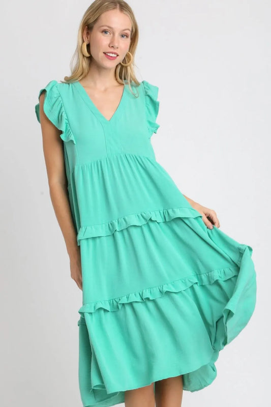 Full Size Ruffle Tiered Cap Sleeve Midi Dress Plus Size in Emerald - product view 1