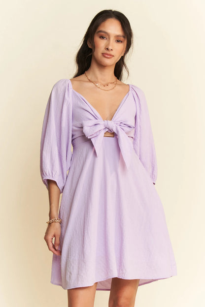 Self-Tie Puff Sleeve Smocking Open Back Mini Dress in Lavender - product view 1