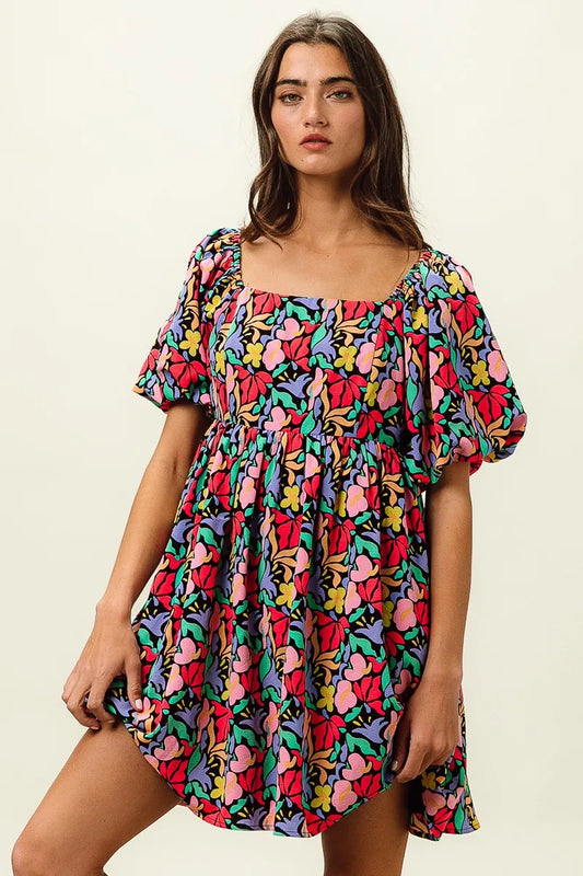 Floral Print Puff Square Neck Dress in Black Multi - product view 1