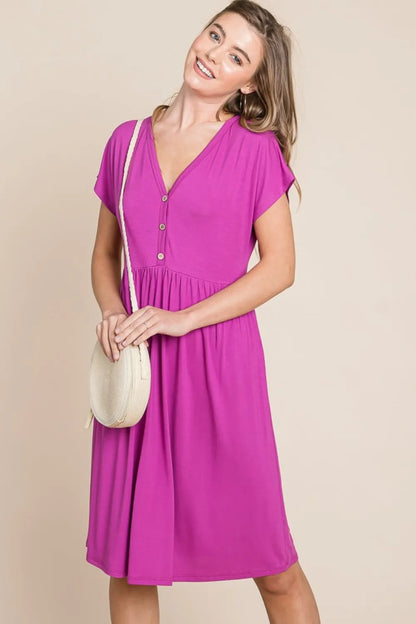 V-Neck Short Sleeve Dress - Magenta - product view 3