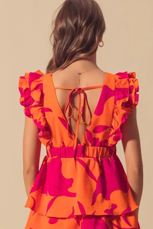 Floral V Neck Layered Dress with Elasticized Waist in Orange/Fuchsia - product view 19