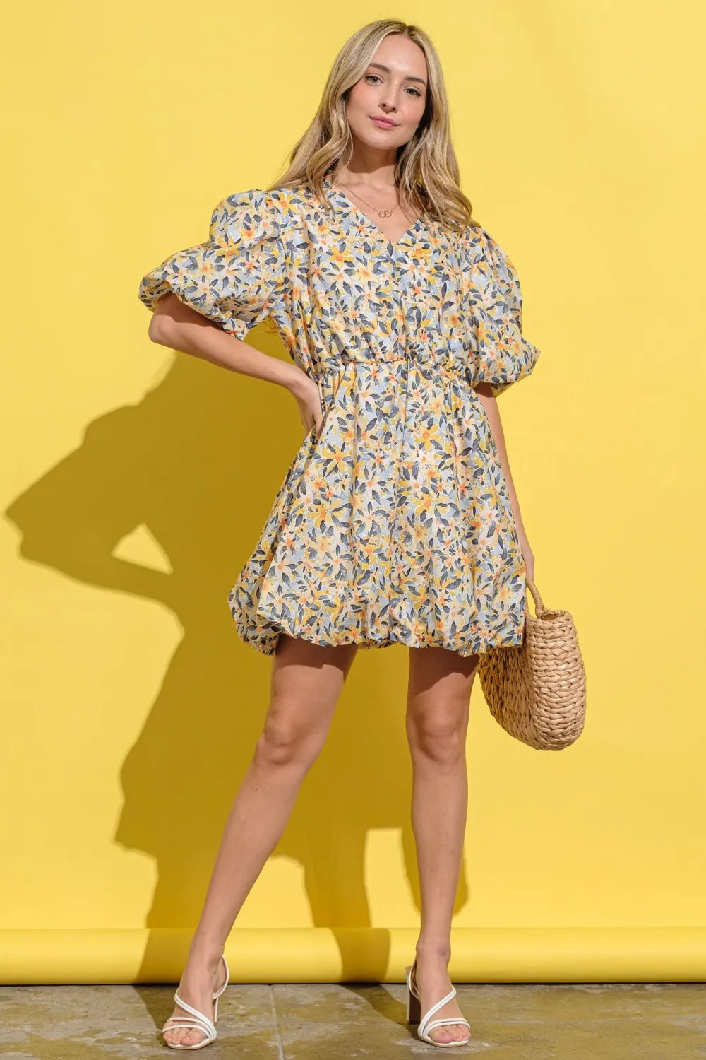 Full Size Floral Surplice Puff Sleeve Dress - Yellow Multi - product view 1