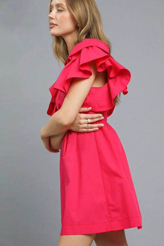 Double Ruffle Sleeve Fit and Flare Dress - Deep Rose - product view 2