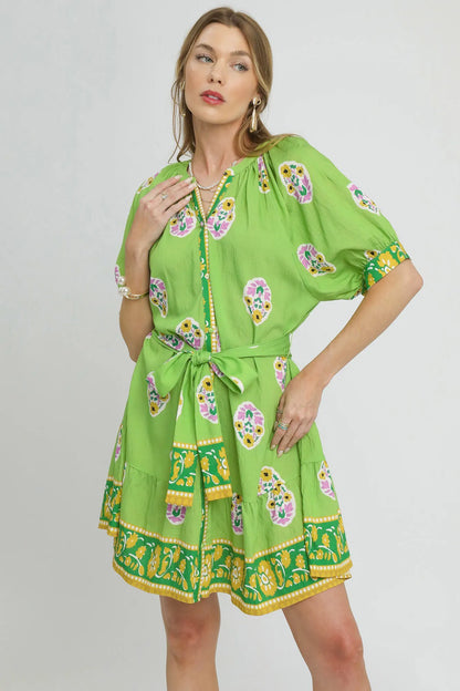 Floral Print Tie Waist Short Sleeve Dress - Neon Green - product view 1