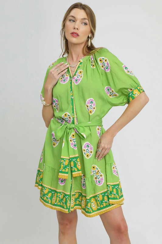 Floral Print Tie Waist Short Sleeve Dress - Neon Green - product view 1