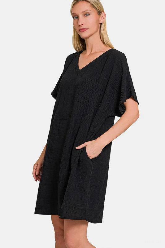 V-Neck Tee Dress with Pockets in Black - product view 2