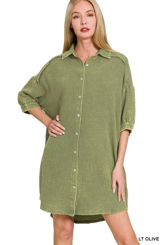 Washed Double Gauze Button Down Shirt Dress - Lt Olive - product view 1