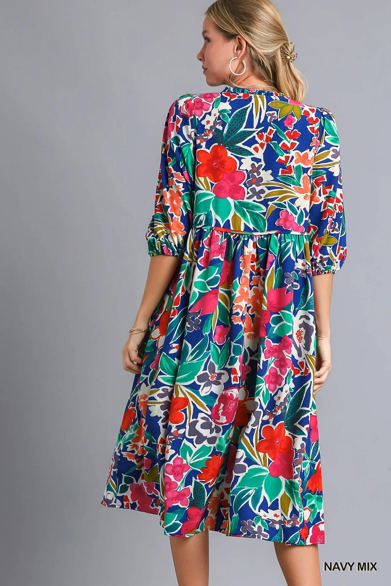 Floral Print Tie Neck Midi Dress with Pockets in Navy Mix - product view 3