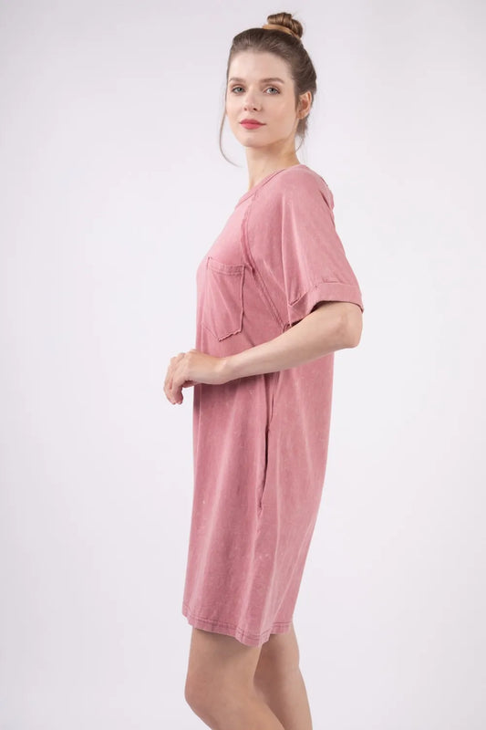 Washed Round Neck Mini Tee Dress - Mauve - product view 1