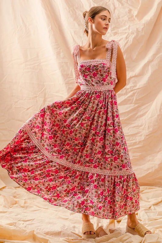 Floral Maxi Dress With Ribbon Tie Lace Strap in Pink Combo - product view 1