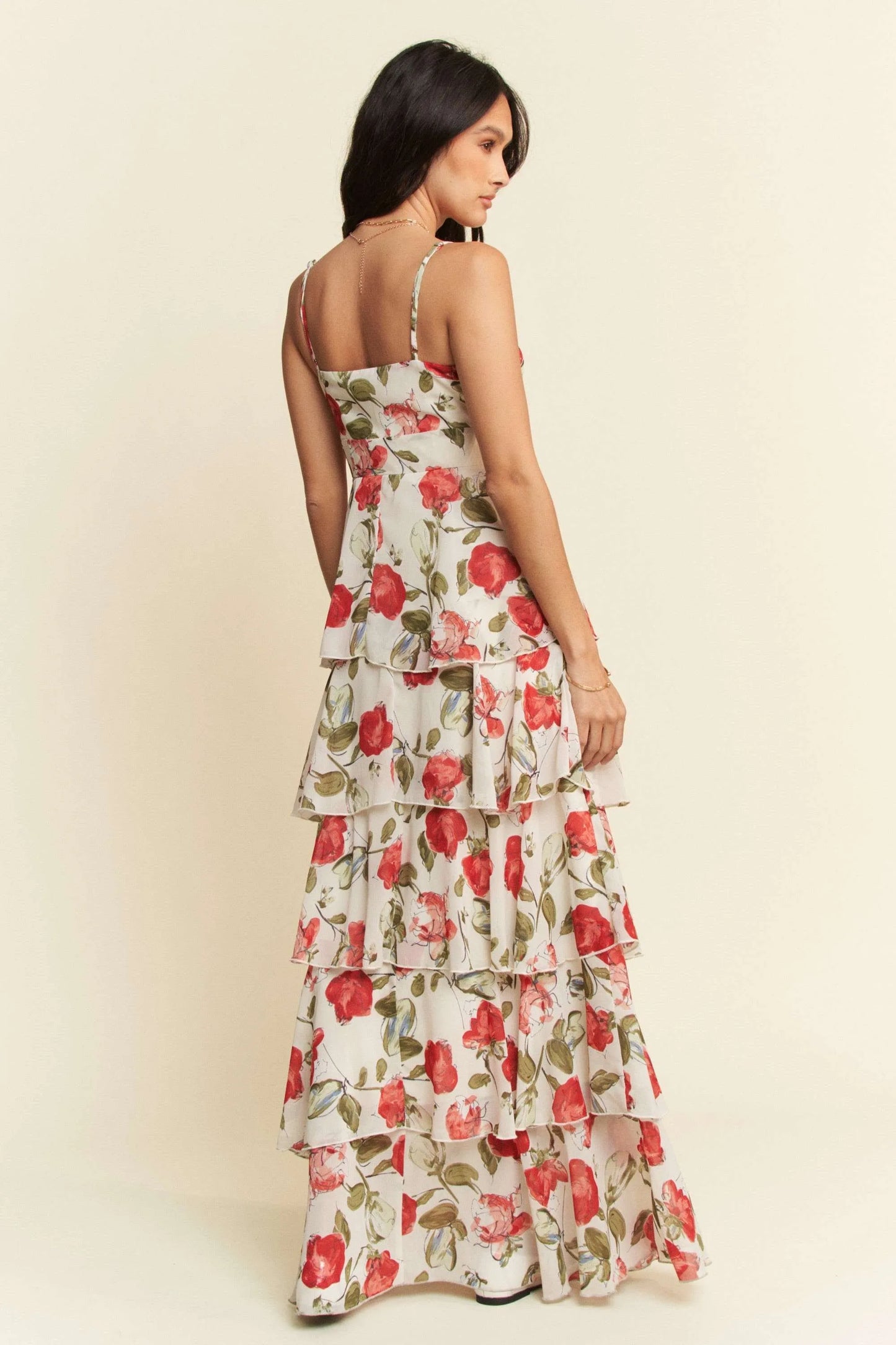 Contrast Ring Lace Layered Ruffle Maxi Cami Dress in Ivory Red - product view 6