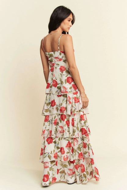 Contrast Ring Lace Layered Ruffle Maxi Cami Dress in Ivory Red - product view 6
