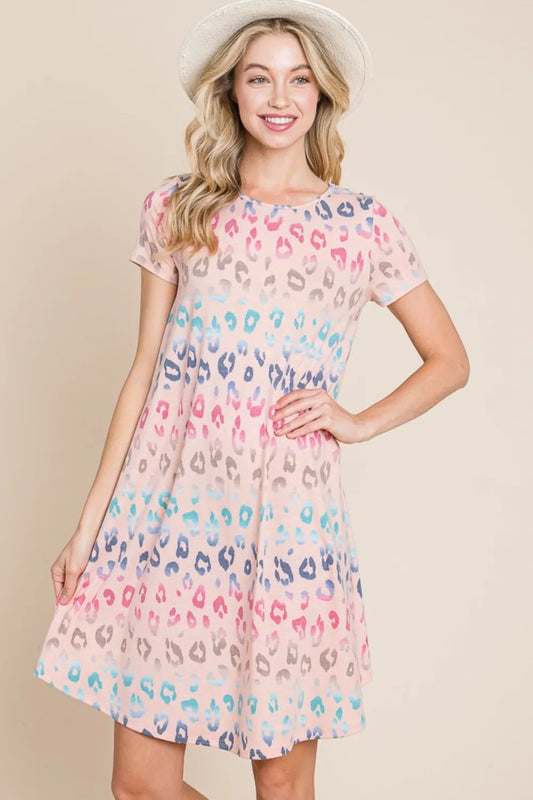 Leopard Round Neck Short Sleeve Dress in Blush - product view 1