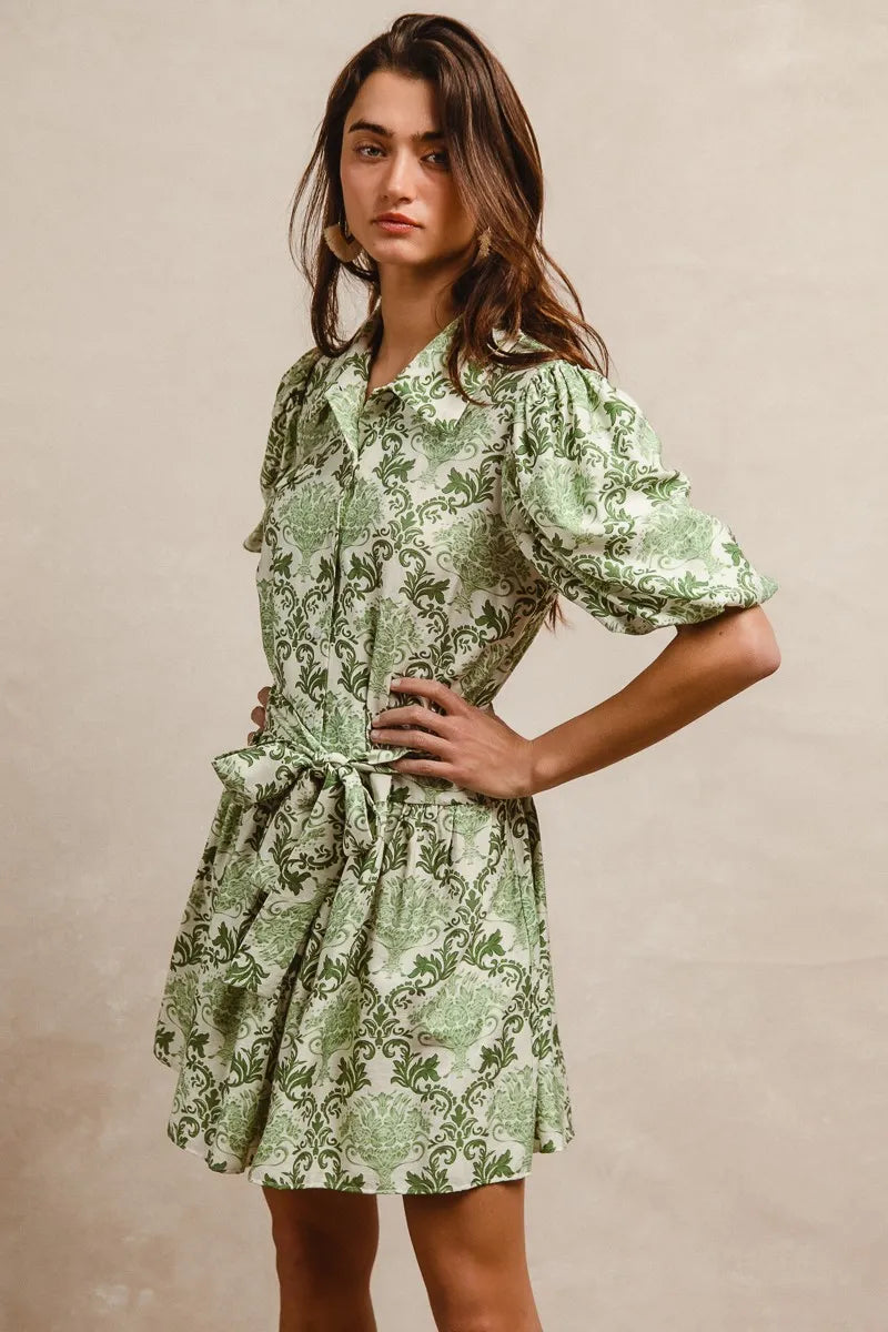 Tied Floral Short Sleeve Mini Shirt Dress in Green/Cream - product view 8