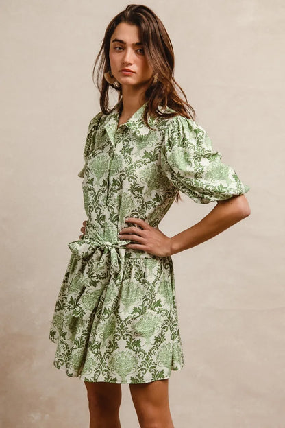 Tied Floral Short Sleeve Mini Shirt Dress in Green/Cream - product view 8