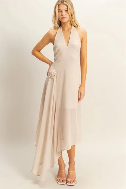 Chiffon Halter Asymmetrical Hem Dress - Champagne - product view 1