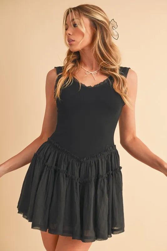 Frill Sleeveless Drop Waist Mini Dress - Black - product view 5