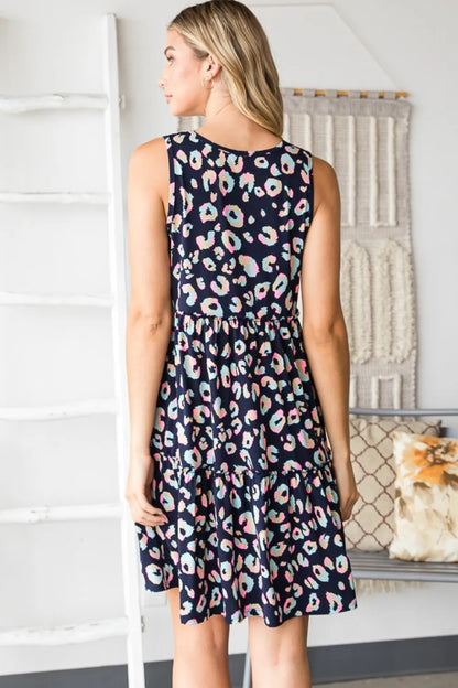 Full Size Leopard V-Neck Ruffled Tank Dress in Navy/Multi - product view 2