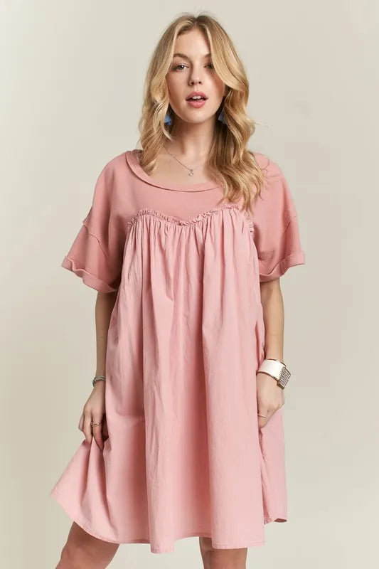Round Neck Half Sleeve Babydoll Dress in Dusty Pink - product view 3