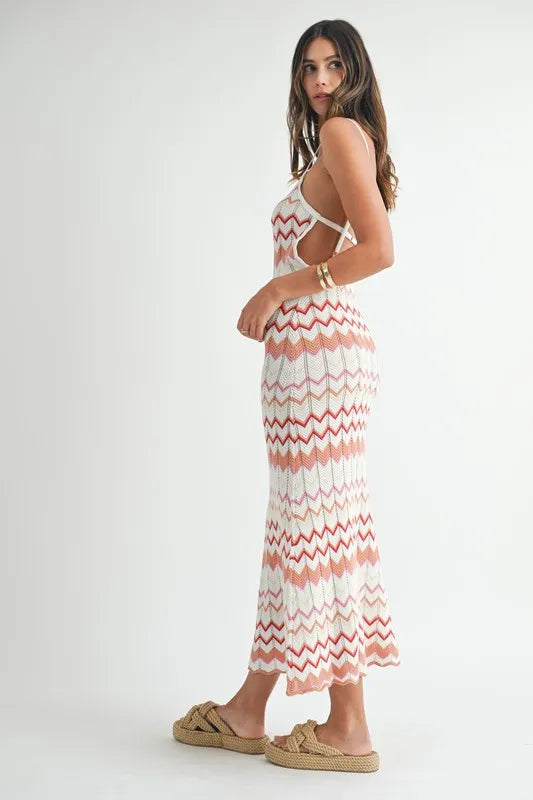 Lightweight Pointelle Chevron Knit Maxi Dress - Salmon - product view 4