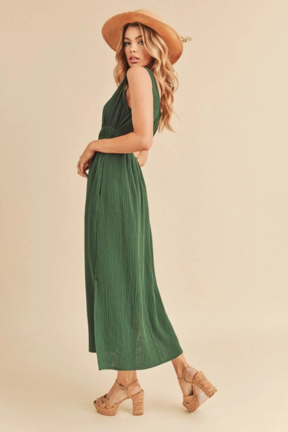 Side Slit Round Neck Sleeveless Tank Dress - Dark Green - product view 2