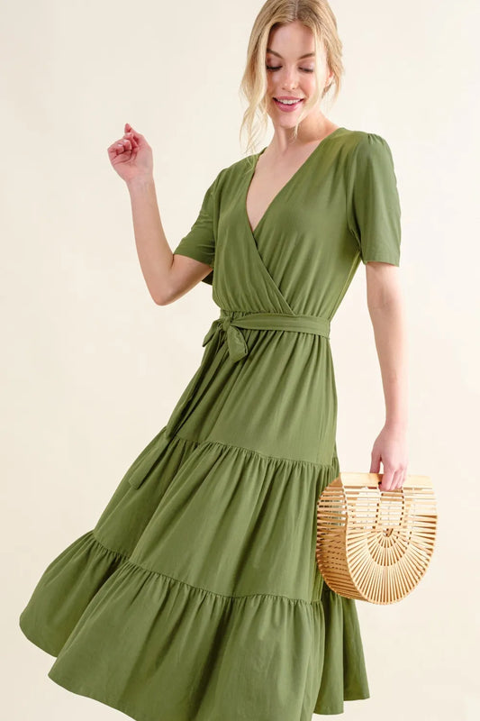 Soft Short Sleeve Tiered Midi Dress in Green - product view 1