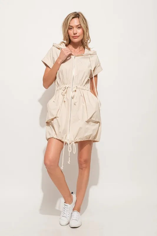 Short Sleeve String Details Hooded Mini Dress in Almond - product view 2