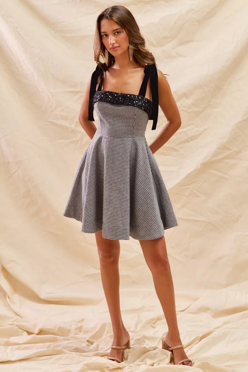 Houndstooth Fit Flare Mini Dress with Shoulder Tie in Black - product view 11