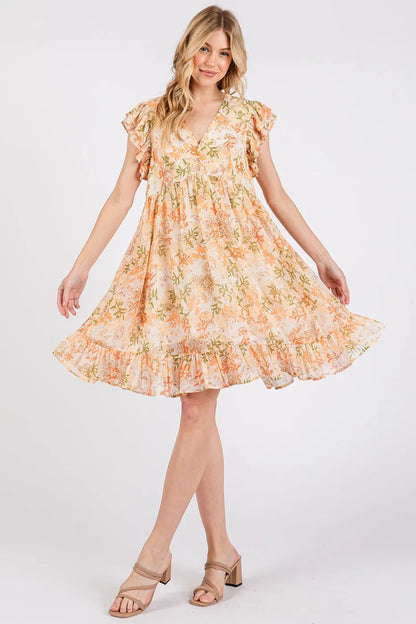 Floral Chiffon Ruffle Short Sleeve Mini Dress in Orange Multi - product view 3
