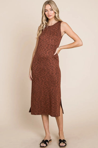 Slit Round Neck Sleeveless Midi Dress in Rust - product view 5