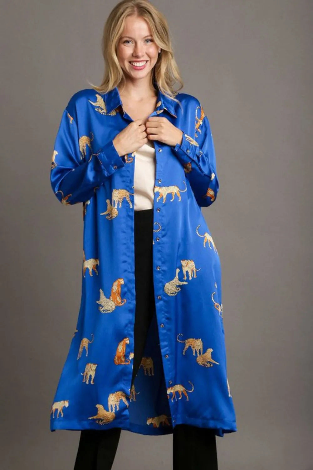 Full Size Animal Print Button Down Midi Shirt Dress Plus Size - Royal Blue - product view 1