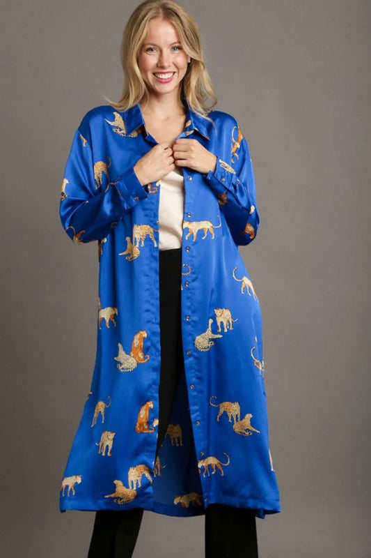 Full Size Animal Print Button Down Midi Shirt Dress Plus Size - Royal Blue - product view 1