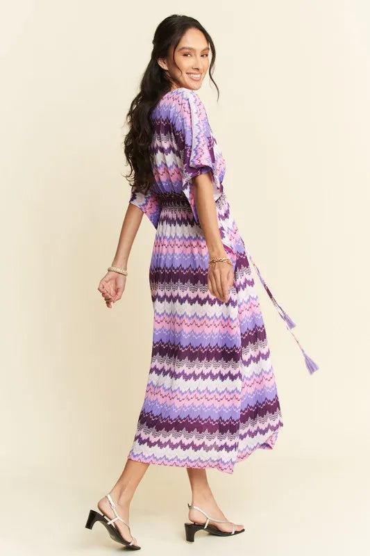 Multi Color Wavy Tie Waist Flowy Sleeve Dress - Lilac Multi - product view 4