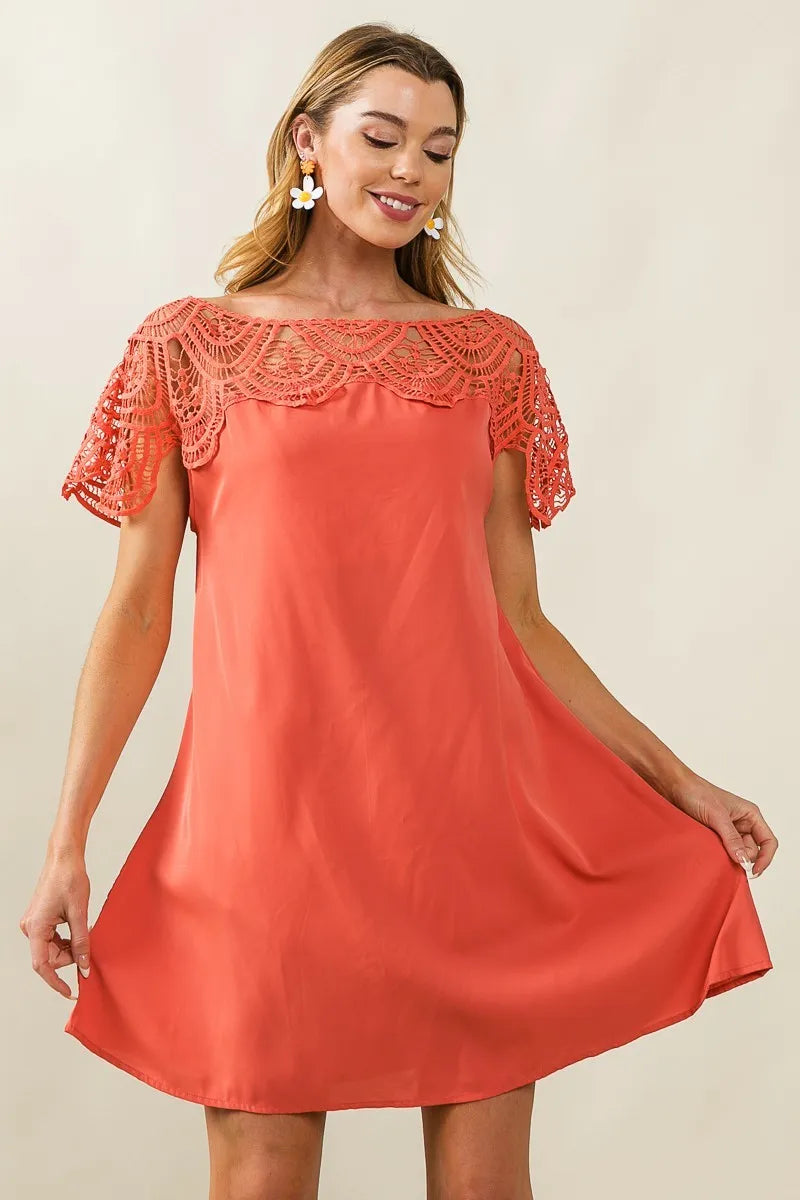 Crochet Lace Yoke Detailed Wrinkled Dress - Apricot - product view 3