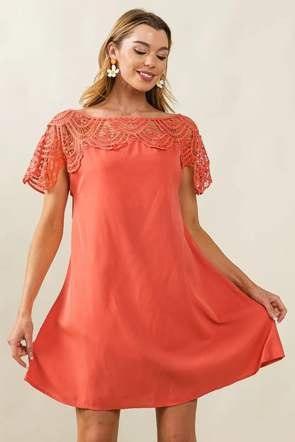 Crochet Lace Yoke Detailed Wrinkled Dress - Apricot - product view 3