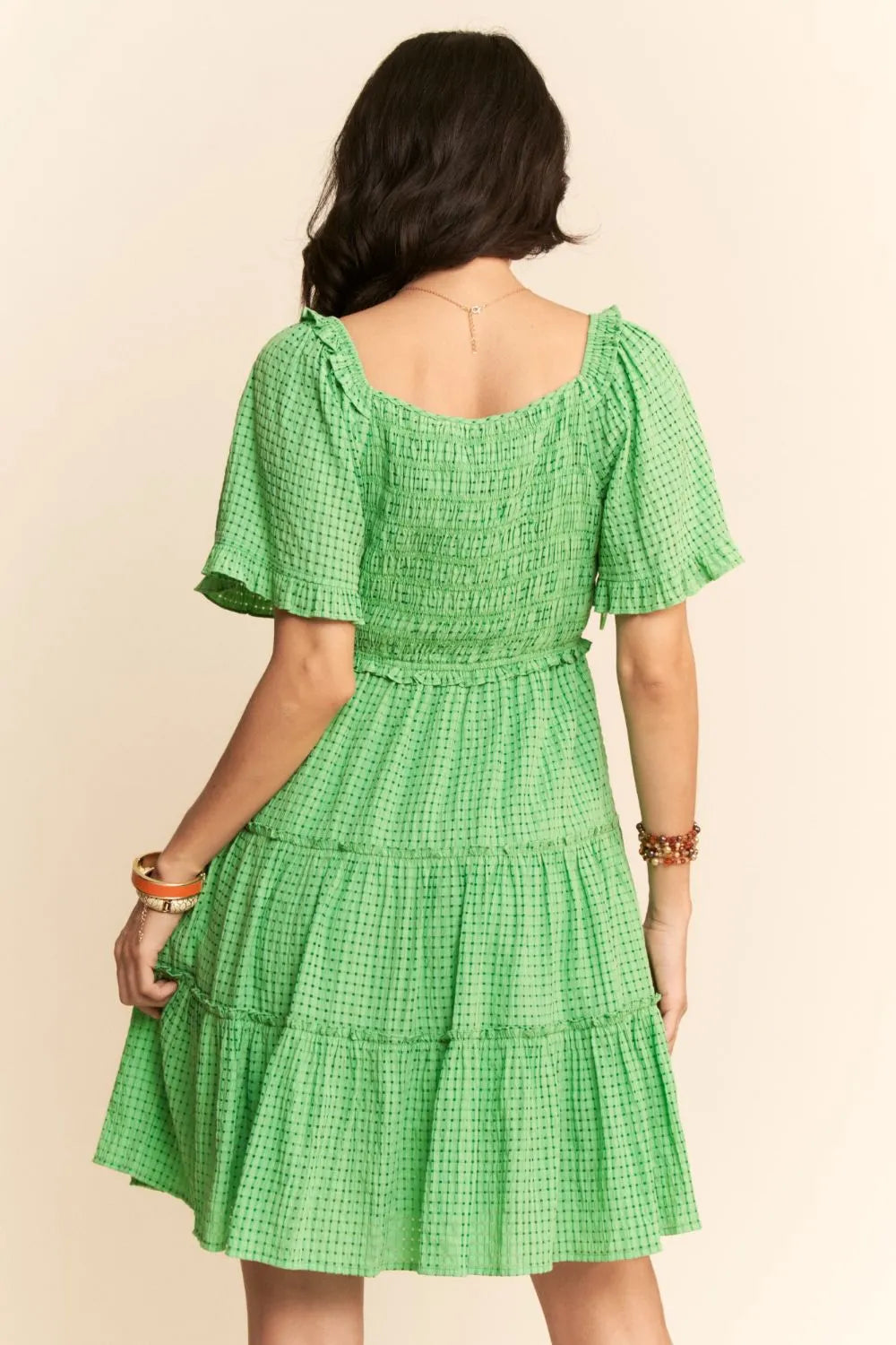 Jacquard Checker Smocking Tiered Dress - Ibiza Green - product view 8
